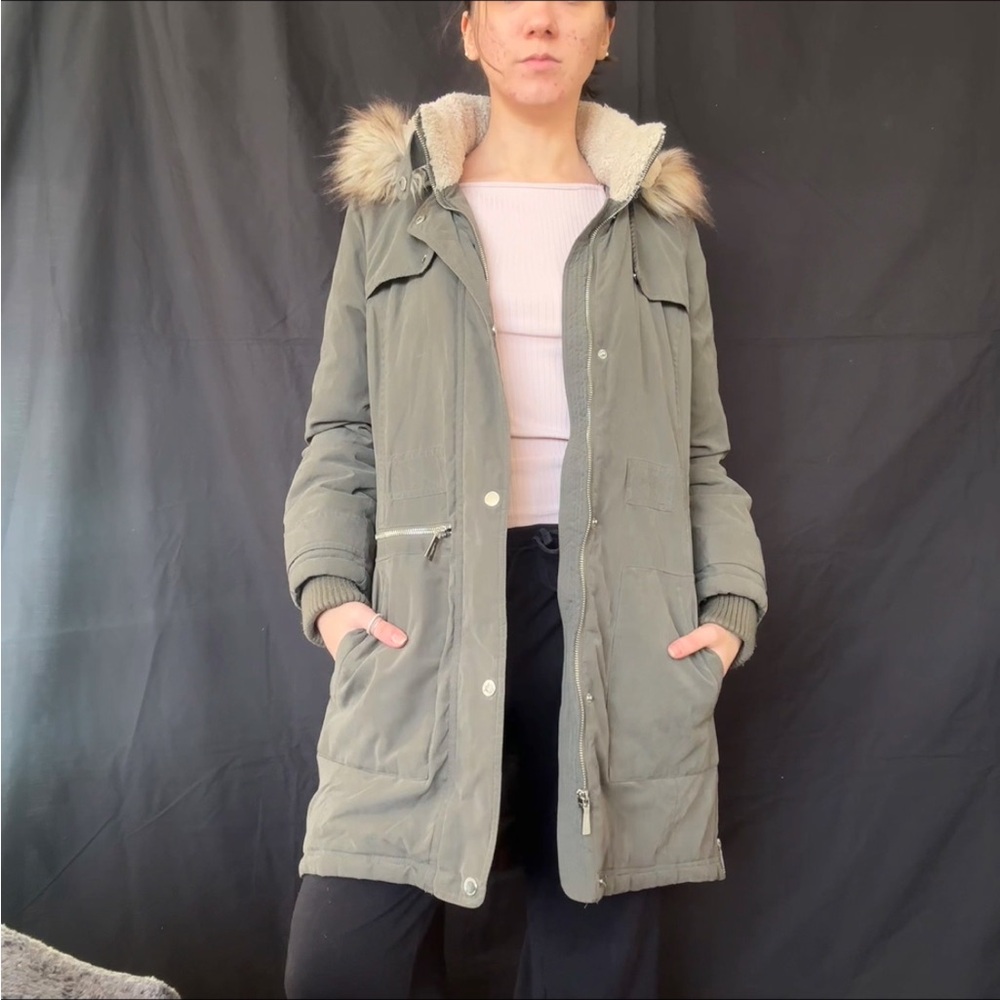 Donna Karan Olive Green Parka with Faux Fur Hood